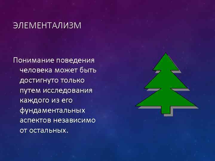 ЭЛЕМЕНТАЛИЗМ Понимание поведения человека может быть достигнуто только путем исследования каждого из его фундаментальных