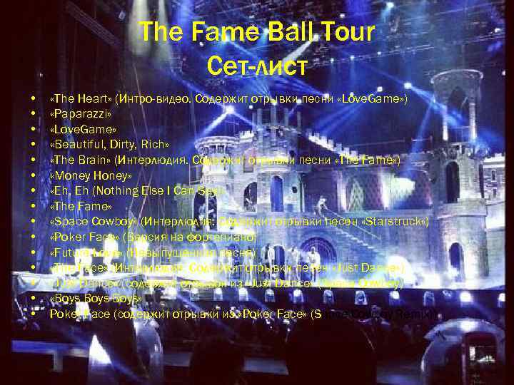 The Fame Ball Tour Сет-лист • • • • «The Heart» (Интро-видео. Содержит отрывки