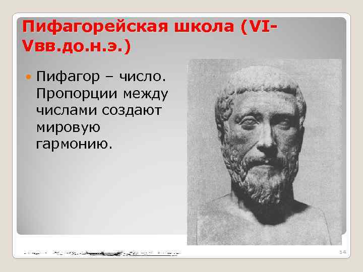 Пифагорейская школа (VIVвв. до. н. э. ) Пифагор – число. Пропорции между числами создают