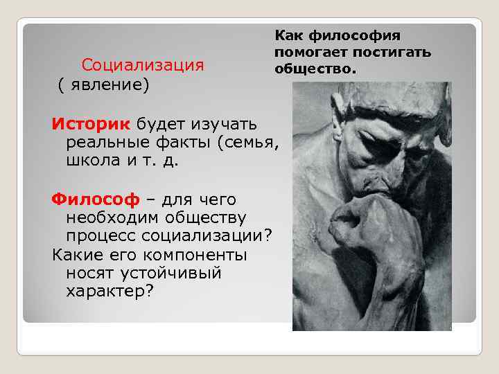 Социализация ( явление) Как философия помогает постигать общество. Историк будет изучать реальные факты (семья,
