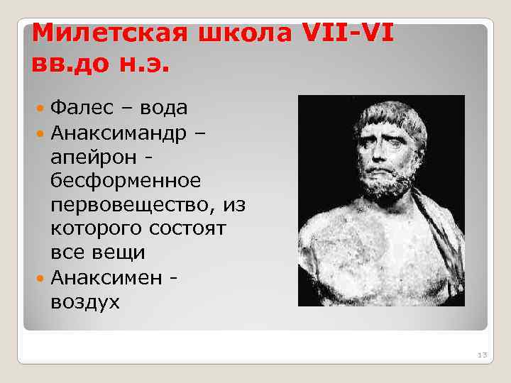 Милетская школа VII-VI вв. до н. э. Фалес – вода Анаксимандр – апейрон бесформенное