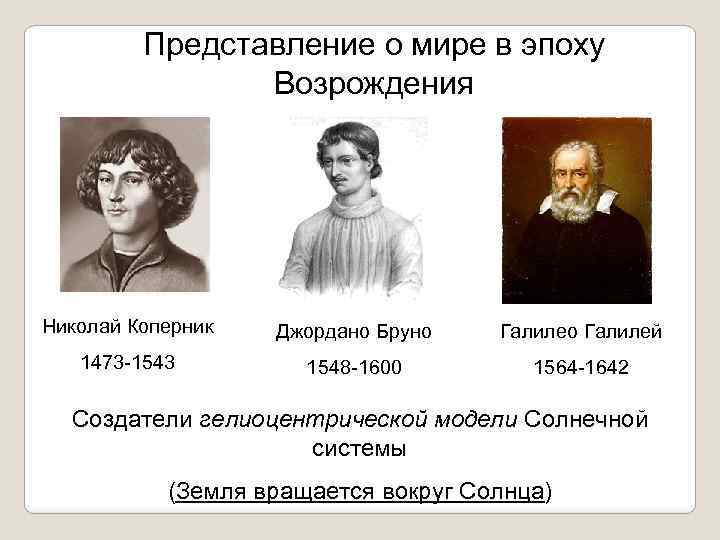 Представление о мире в эпоху Возрождения Николай Коперник Джордано Бруно Галилей 1473 -1543 1548