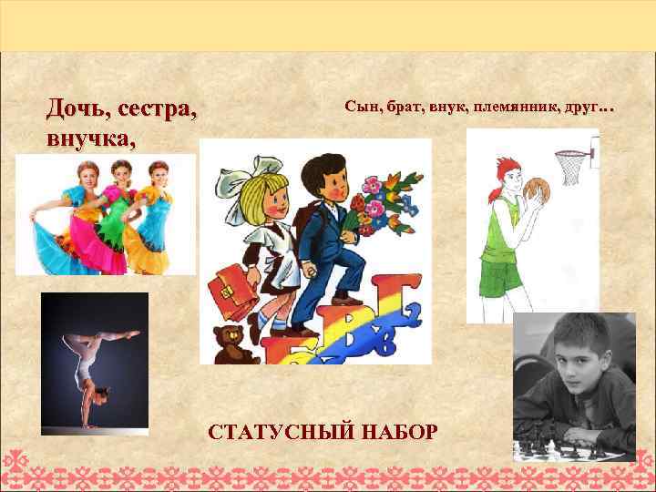 Дочь, сестра, внучка, племянница, подруга… Сын, брат, внук, племянник, друг… СТАТУСНЫЙ НАБОР 