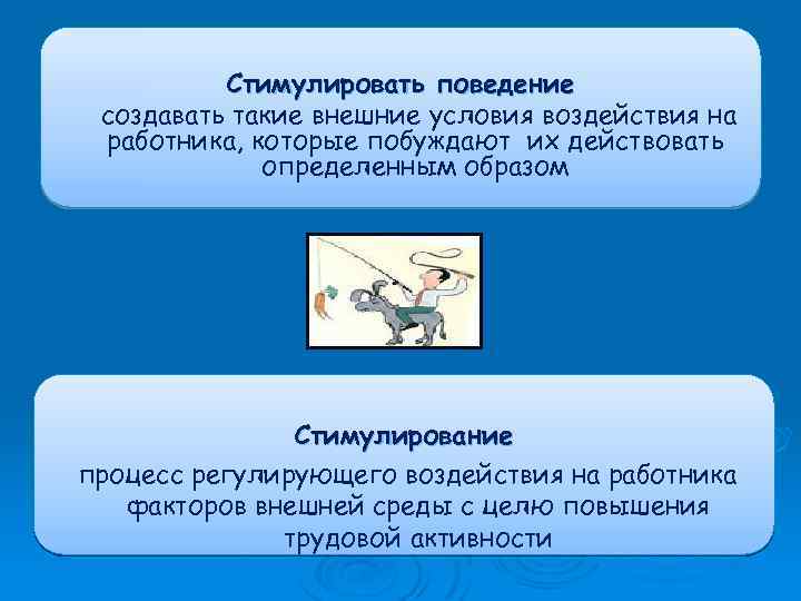 Стимулировать поведение создавать такие внешние условия воздействия на работника, которые побуждают их действовать определенным