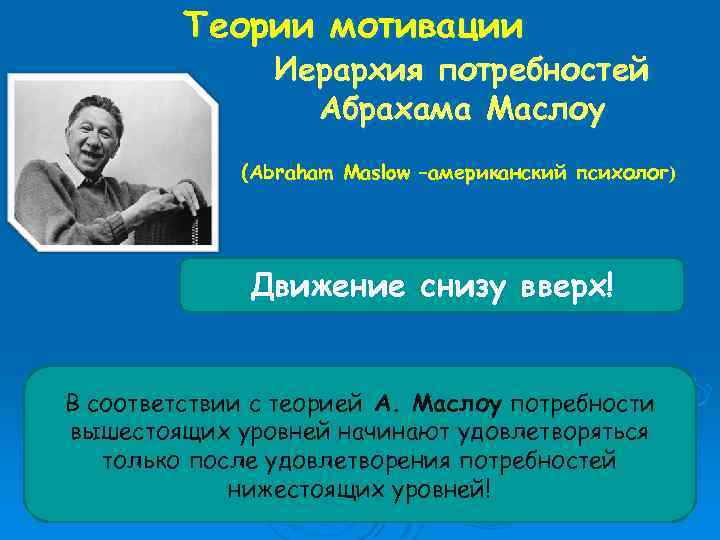 Теории мотивации Иерархия потребностей Абрахама Маслоу (Abraham Maslow –американский психолог) Движение снизу вверх! В