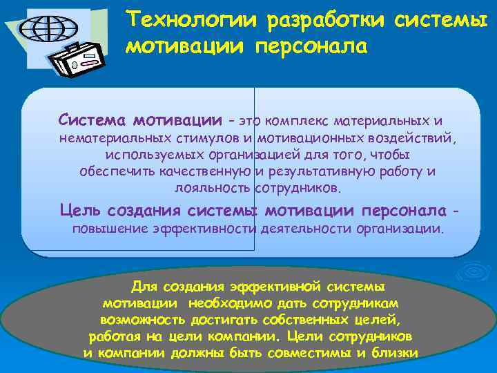 Технологии разработки системы мотивации персонала Система мотивации – это комплекс материальных и нематериальных стимулов