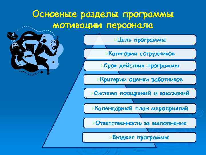 Основные разделы программы мотивации персонала ØЦель программы ØКатегории ØСрок действия программы ØКритерии ØСистема сотрудников