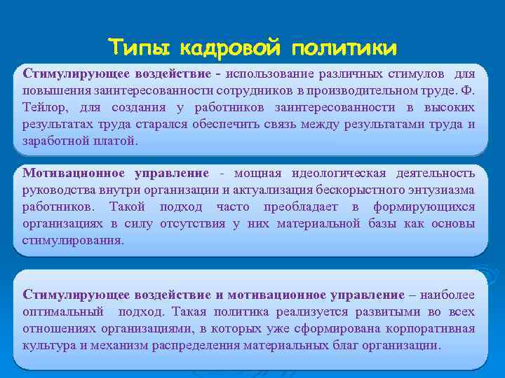 Типы кадровой политики Стимулирующее воздействие - использование различных стимулов для повышения заинтересованности сотрудников в