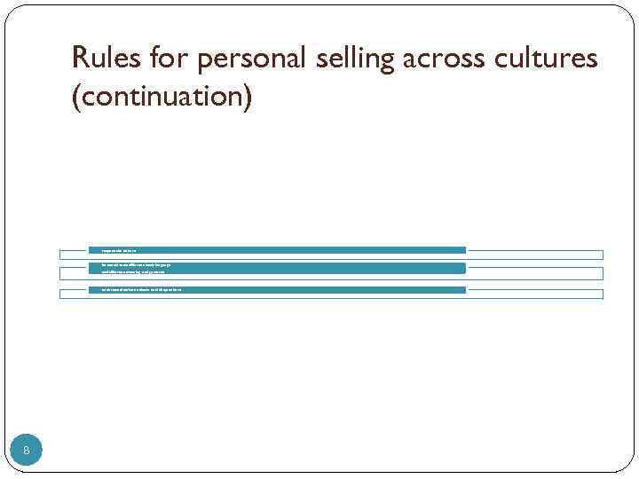 Rules for personal selling across cultures (continuation) respect the culture be sensitive to different