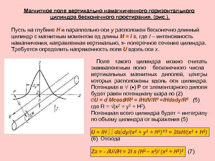 Магнитное поле вертикально намагниченного горизонтального цилиндра бесконечного простирания. (рис. ). Пусть на глубине H