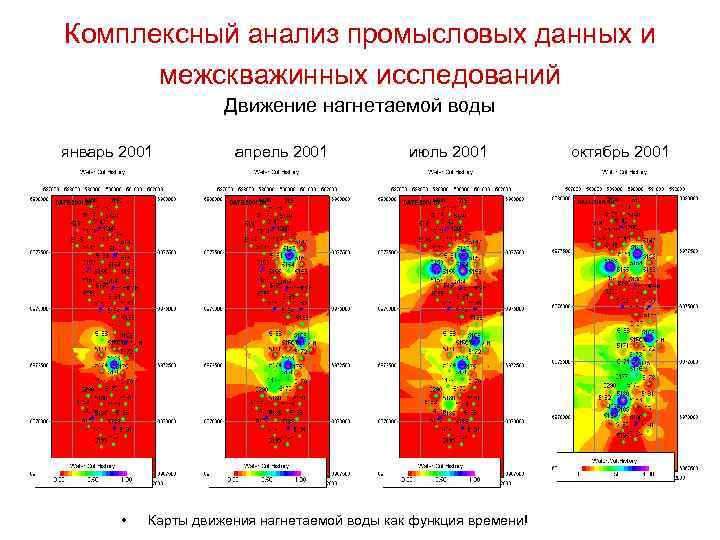 Комплексный анализ промысловых данных и межскважинных исследований Движение нагнетаемой воды январь 2001 • апрель