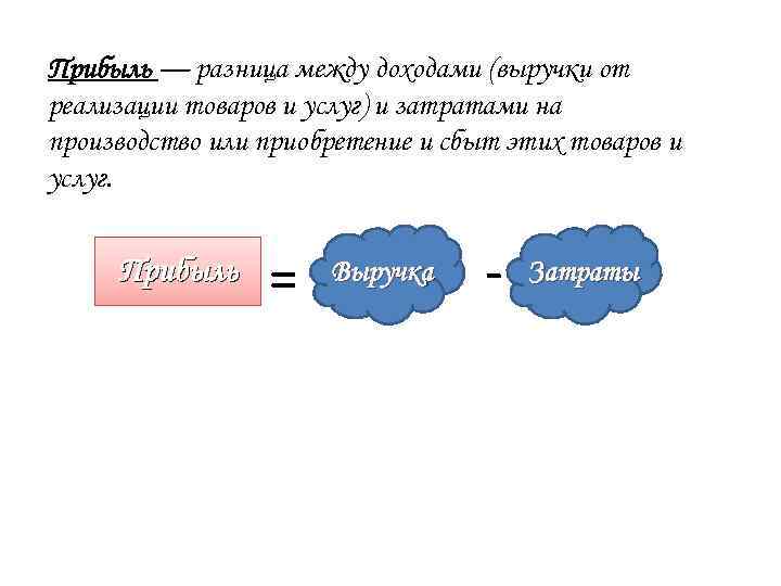 Прибыль — разница между доходами (выручки от реализации товаров и услуг) и затратами на