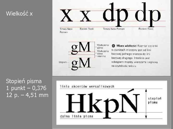 Wielkość x Stopień pisma 1 punkt – 0, 376 12 p. – 4, 51