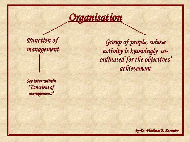 Organisation Function of management Group of people, whose activity is knowingly coordinated for the