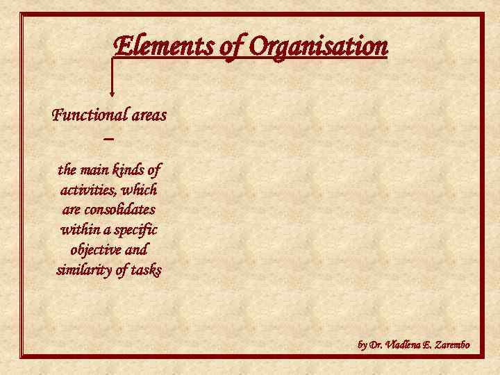 Elements of Organisation Functional areas – the main kinds of activities, which are consolidates