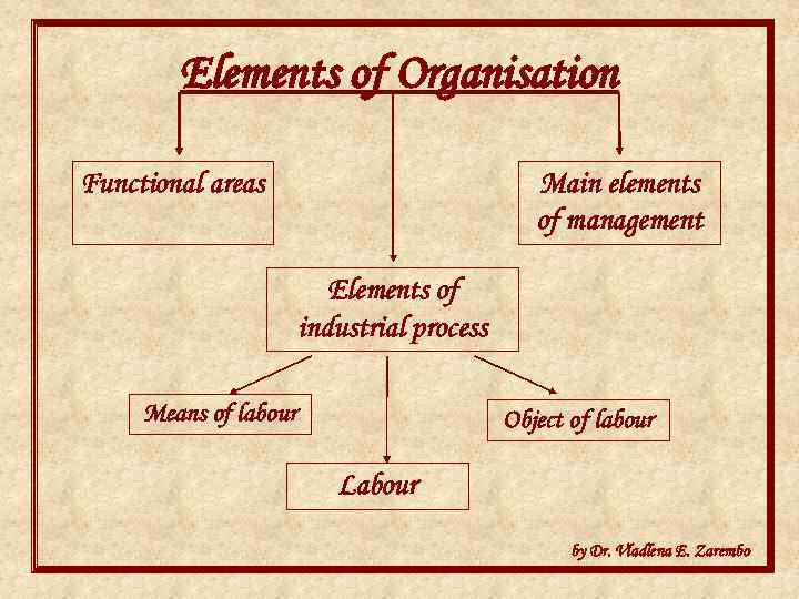 Elements of Organisation Functional areas Main elements of management Elements of industrial process Means