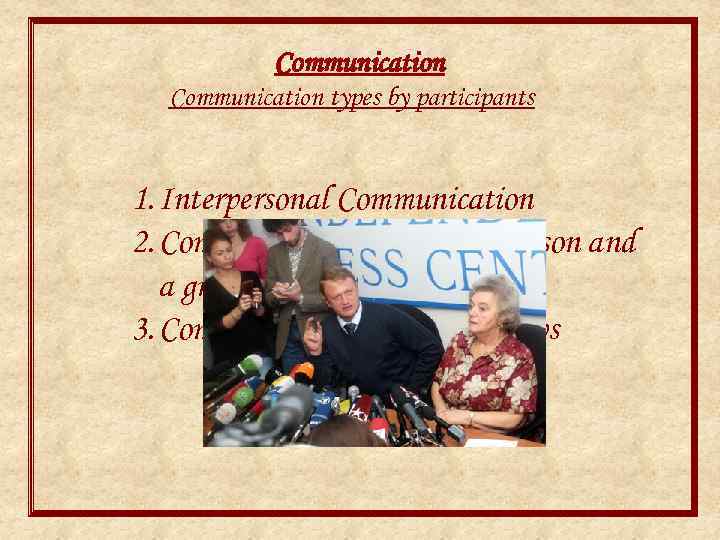 Communication types by participants 1. Interpersonal Communication 2. Communication between a person and a