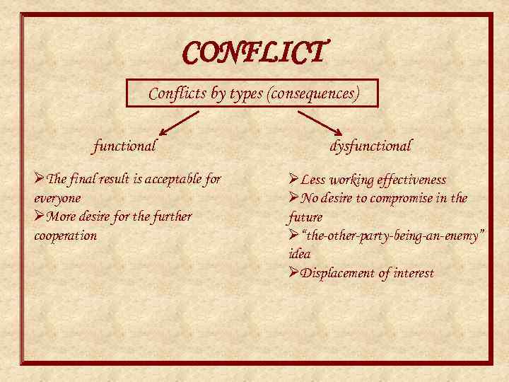 CONFLICT Conflicts by types (consequences) functional ØThe final result is acceptable for everyone ØMore