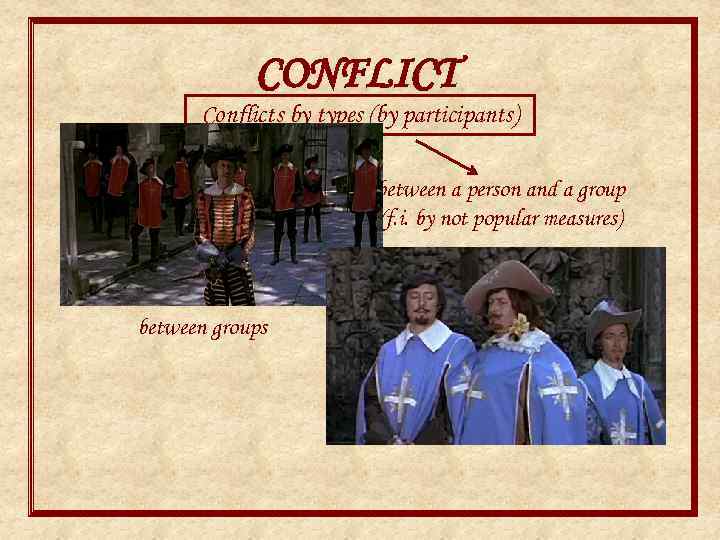 CONFLICT Conflicts by types (by participants) interpersonal between groups between a person and a