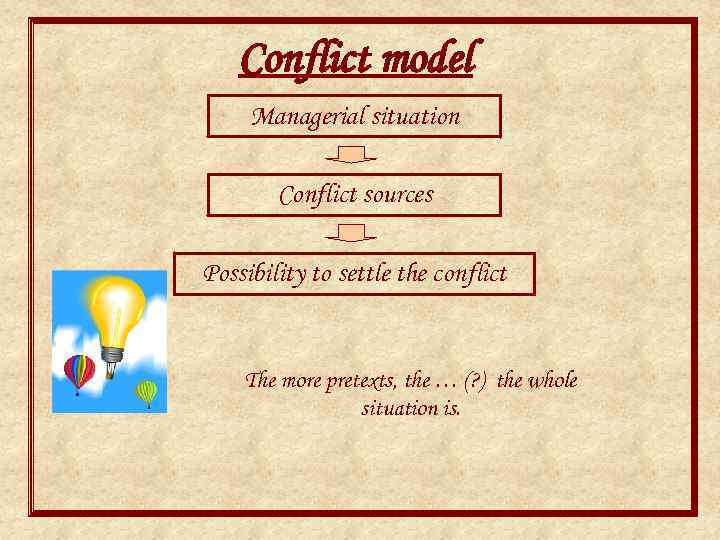 Conflict model Managerial situation Conflict sources Possibility to settle the conflict The more pretexts,