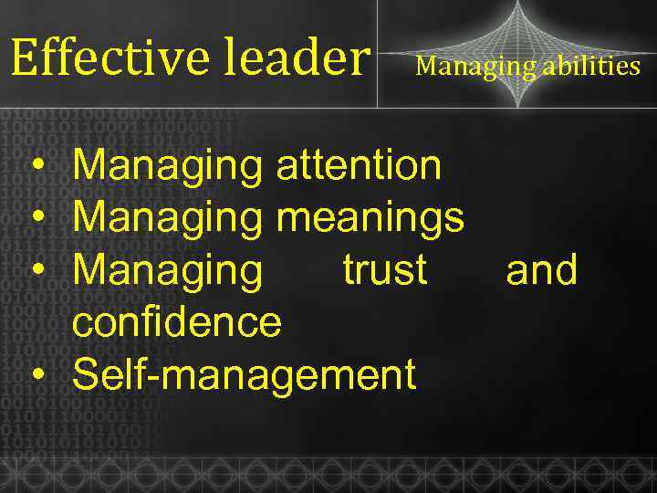 Effective leader Managing abilities • Managing attention • Managing meanings • Managing trust and