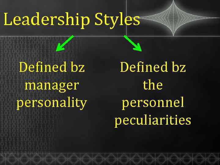 Leadership Styles Defined bz manager personality Defined bz the personnel peculiarities 