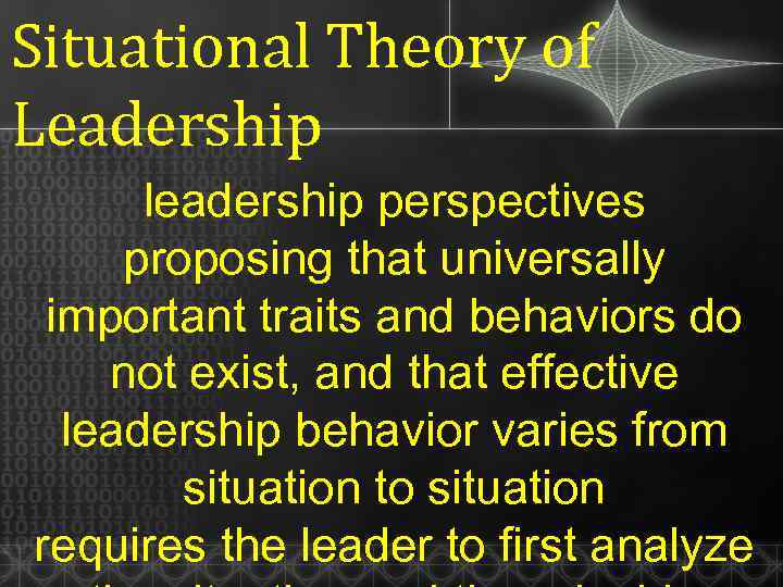 Situational Theory of Leadership leadership perspectives proposing that universally important traits and behaviors do