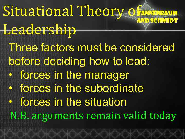 Situational Theory of Leadership Tannenbaum and schmidt Three factors must be considered before deciding