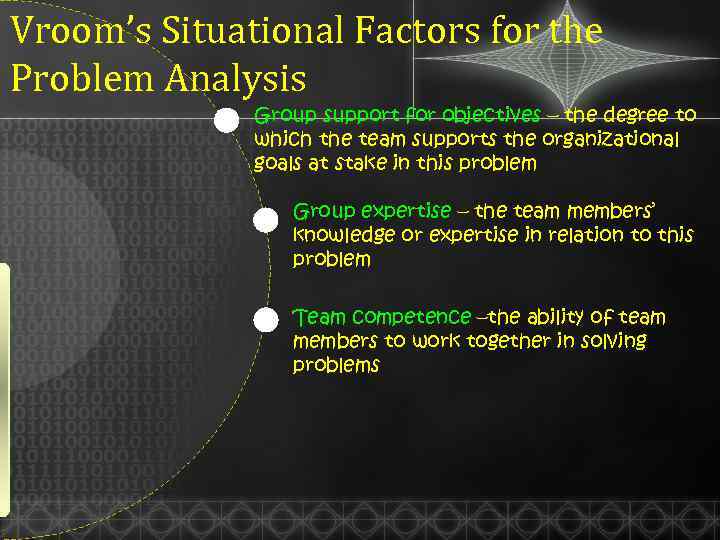Vroom’s Situational Factors for the Problem Analysis Group support for objectives – the degree