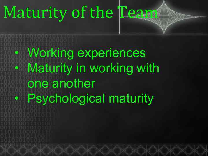 Maturity of the Team • Working experiences • Maturity in working with one another