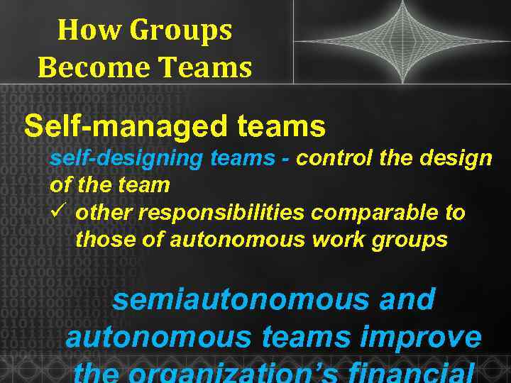 How Groups Become Teams Self-managed teams self-designing teams - control the design of the
