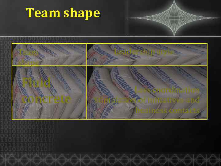 Team shape Fluid concrete Leadership style Less coordination Stimulation of initiatives and business contacts