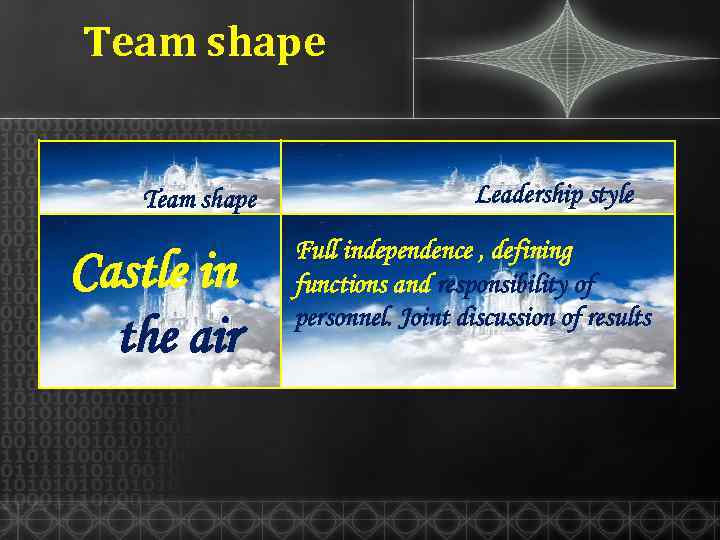 Team shape Castle in the air Leadership style Full independence , defining functions and