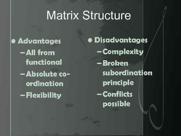 Matrix Structure • Advantages – All from functional – Absolute coordination – Flexibility •