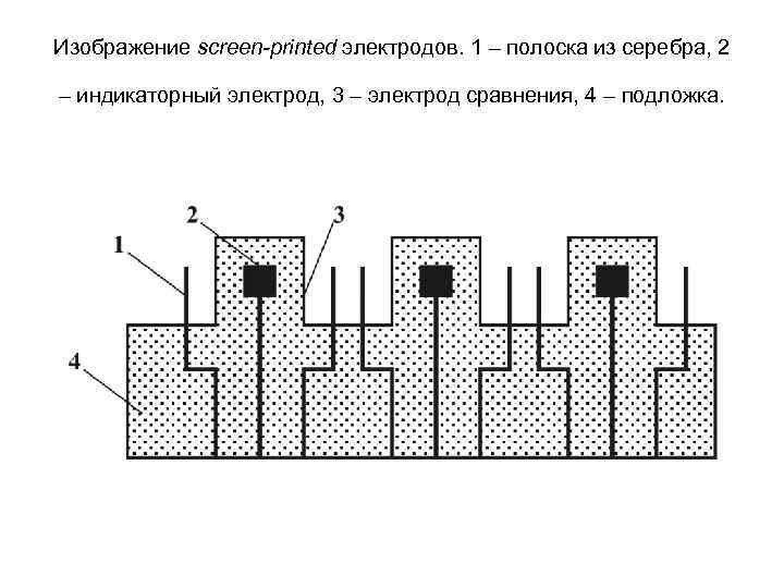 Изображение screen-printed электродов. 1 – полоска из серебра, 2 – индикаторный электрод, 3 –