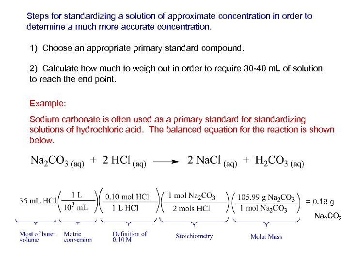 Steps for standardizing a solution of approximate concentration in order to determine a much