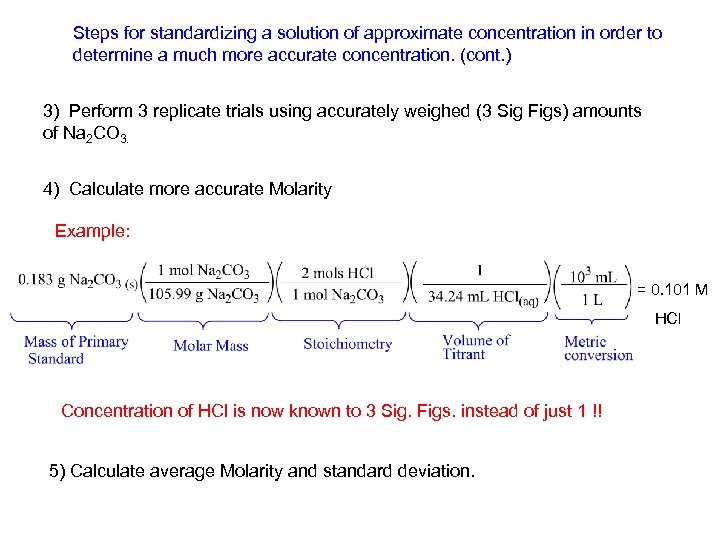 Steps for standardizing a solution of approximate concentration in order to determine a much