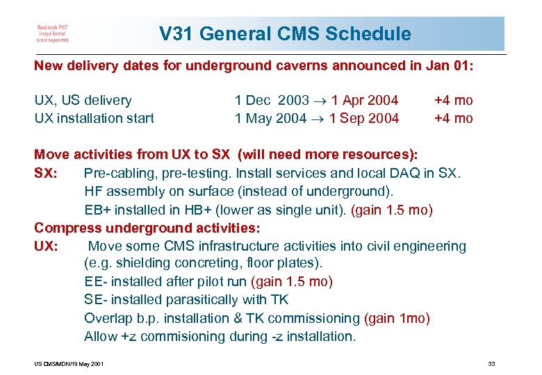 V 31 General CMS Schedule New delivery dates for underground caverns announced in Jan