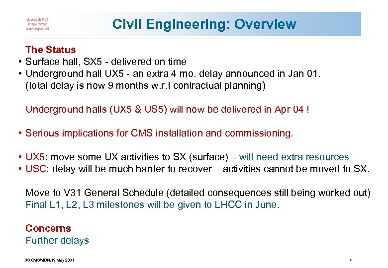 Civil Engineering: Overview The Status • Surface hall, SX 5 - delivered on time