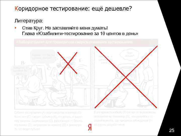 Коридорное тестирование: ещё дешевле? Литература: • Стив Круг. Не заставляйте меня думать! Глава «Юзабилити-тестирование