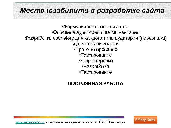 Место юзабилити в разработке сайта • Формулировка целей и задач • Описание аудитории и