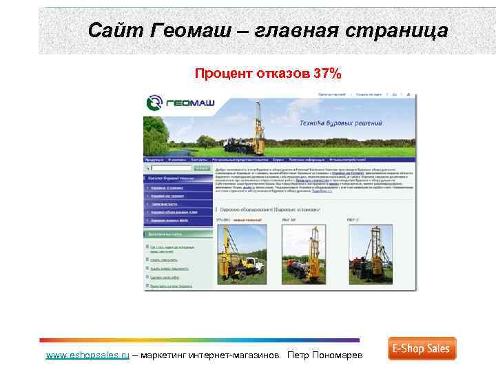 Сайт Геомаш – главная страница Процент отказов 37% www. eshopsales. ru – маркетинг интернет-магазинов.