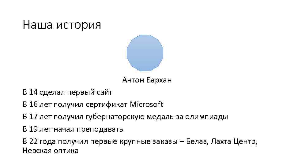 Наша история Антон Бархан В 14 сделал первый сайт В 16 лет получил сертификат