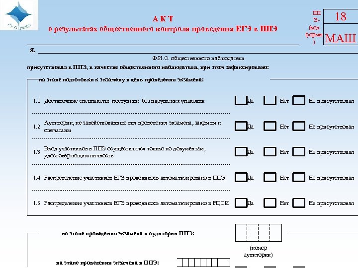 ПП Э(код формы ) А К Т о результатах общественного контроля проведения ЕГЭ в