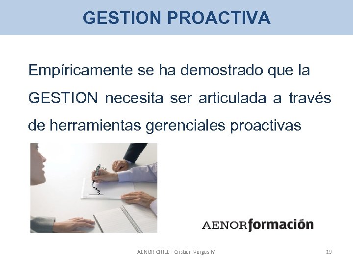 GESTION PROACTIVA Empíricamente se ha demostrado que la GESTION necesita ser articulada a través