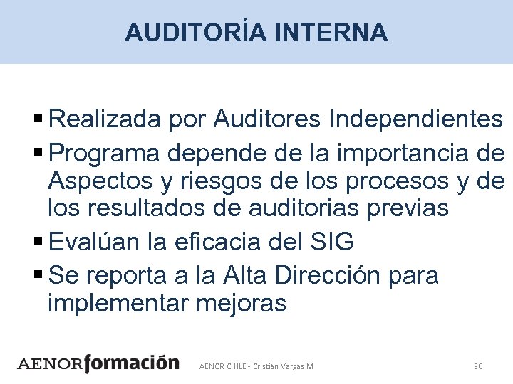 AUDITORÍA INTERNA § Realizada por Auditores Independientes § Programa depende de la importancia de