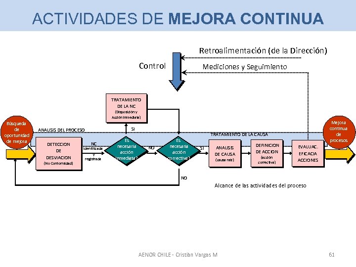 ACTIVIDADES DE MEJORA CONTINUA Retroalimentación (de la Dirección) Control Mediciones y Seguimiento TRATAMIENTO DE