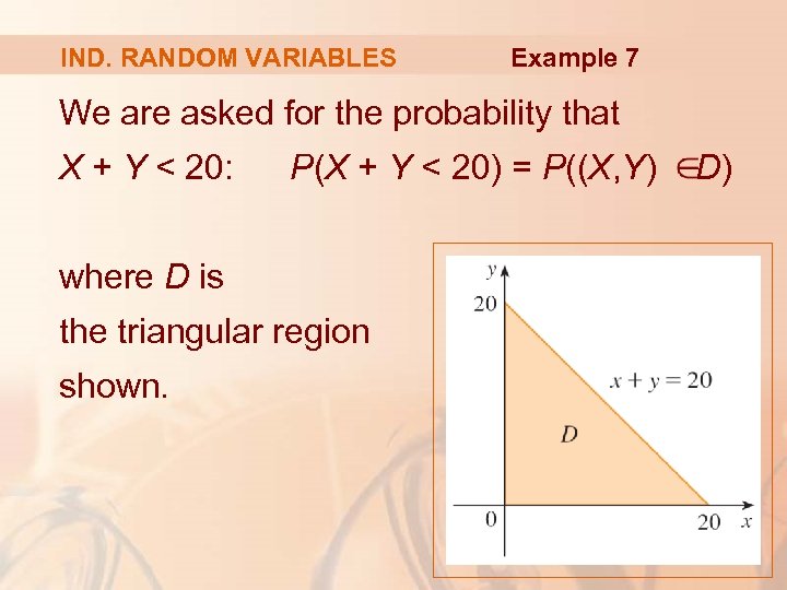 IND. RANDOM VARIABLES Example 7 We are asked for the probability that X +