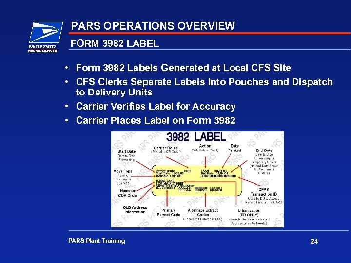 PARS OPERATIONS OVERVIEW FORM 3982 LABEL • Form 3982 Labels Generated at Local CFS