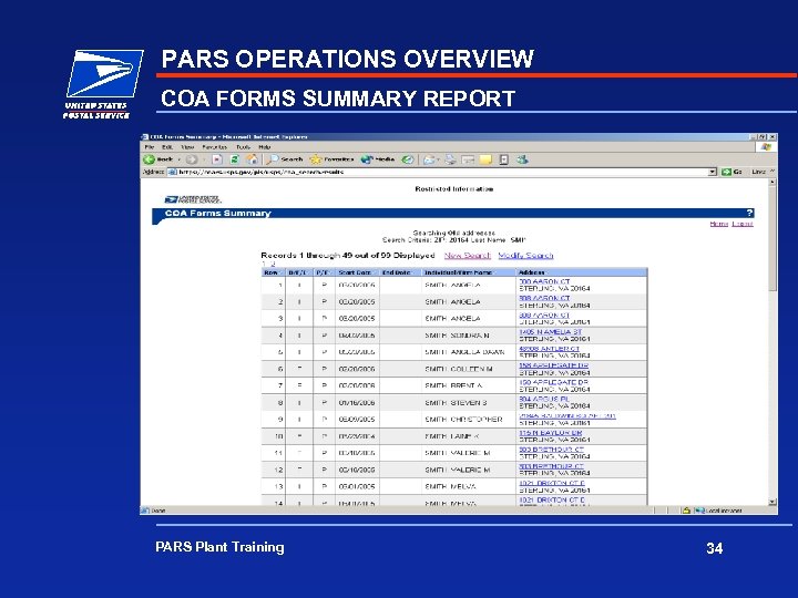 PARS OPERATIONS OVERVIEW COA FORMS SUMMARY REPORT PARS Plant Training 34 